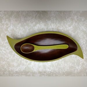 Wooden Avocado Green Leaf-Shaped serving platter and spoon set of 2 Food Safe